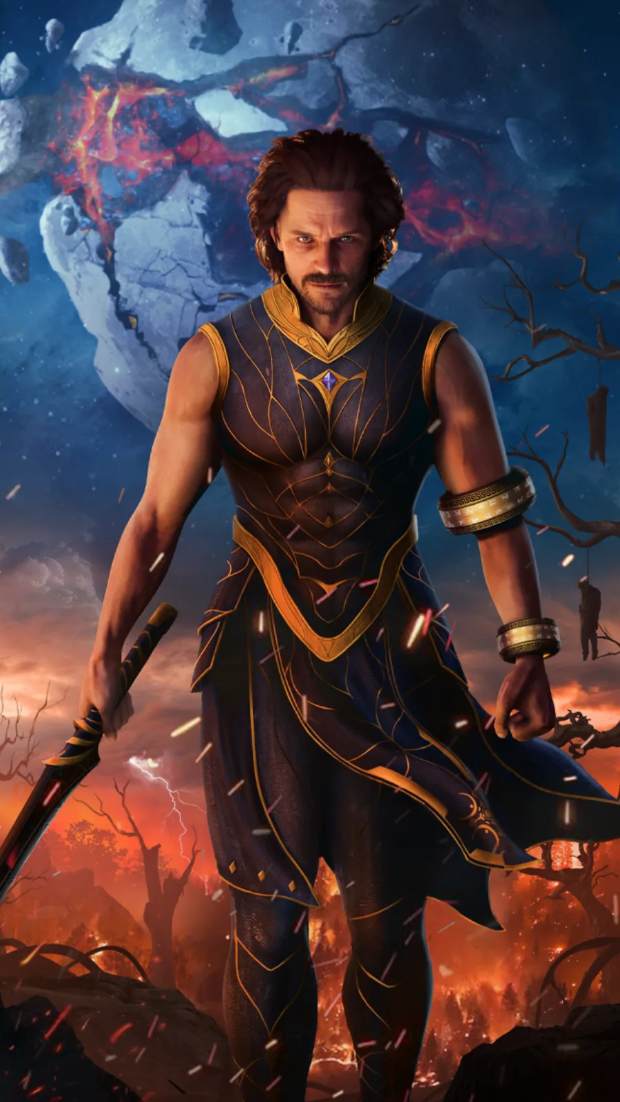 Rot in Hell key art: a warrior with a sword before a burning, broken sky